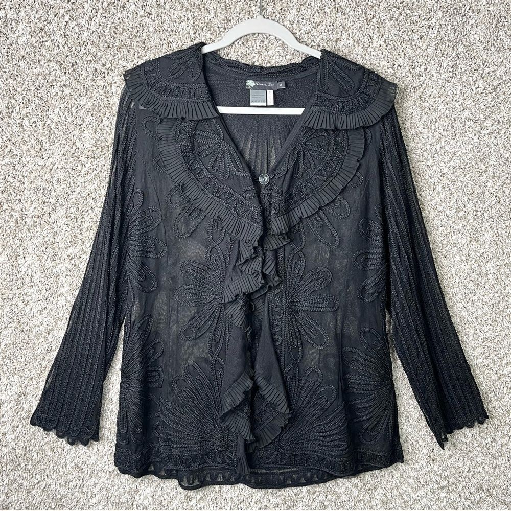 Damee, Inc. Jacket Womens Medium Black Floral Embroidered Lace Semi-Sheer Blazer